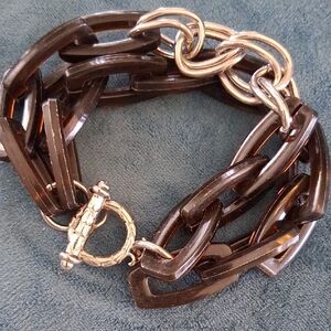 Elegant Brown Tortis Shell Lucite and Silver Chain Bracelet
